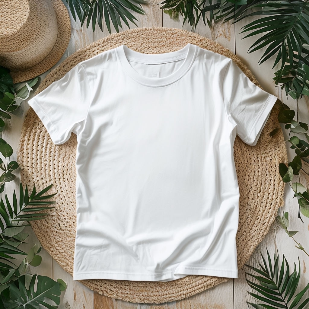 Minimalist White T-Shirt on Natural Rug Mockup