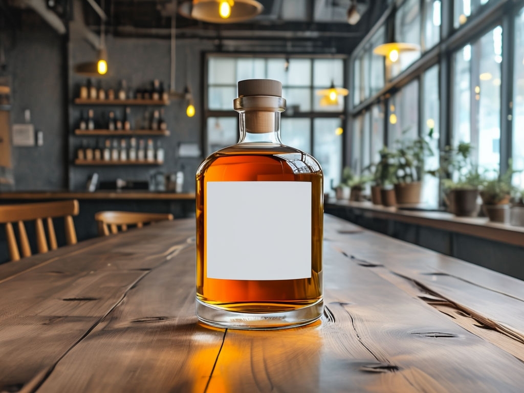 Minimalist Amber Liquid Bottle on Wooden Table Mockup