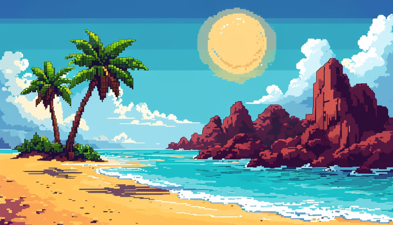 Vibrant Pixel Art Beach Scene with Palm Trees and Ocean Background