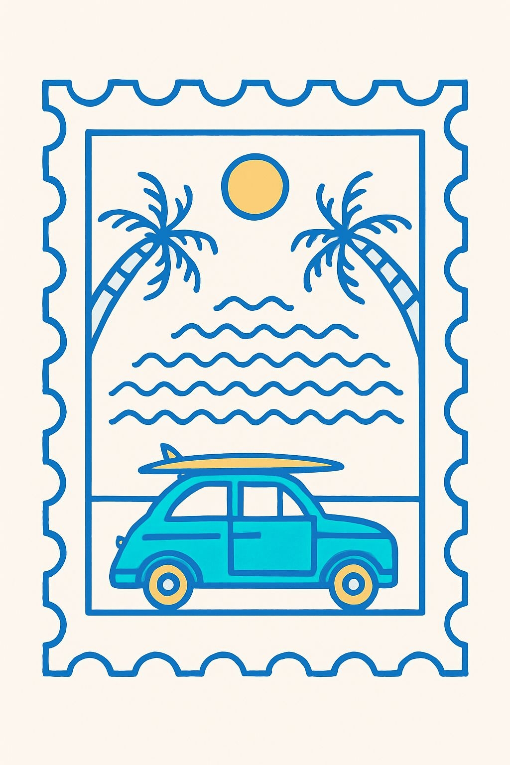 Vibrant Turquoise Vintage Car with Surfboard Postcard Poster