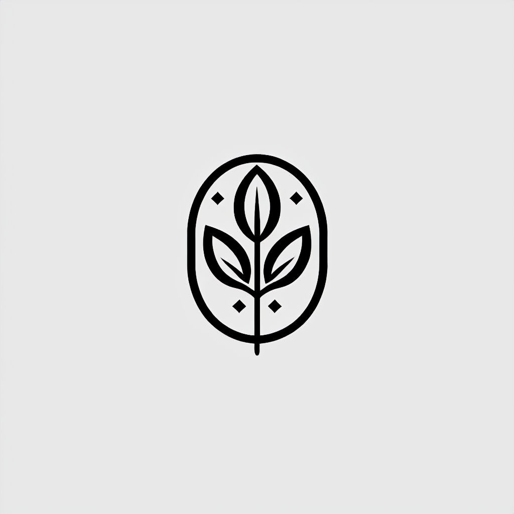 Minimalist Black Oval Shape Logo with Decorative Leaves