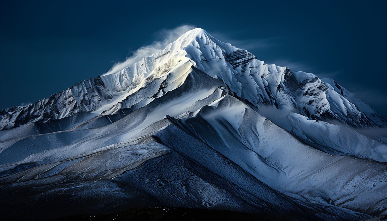Majestic Snow-Covered Mountain Peak Under Midnight Blue Sky Virtual Backgrounds
