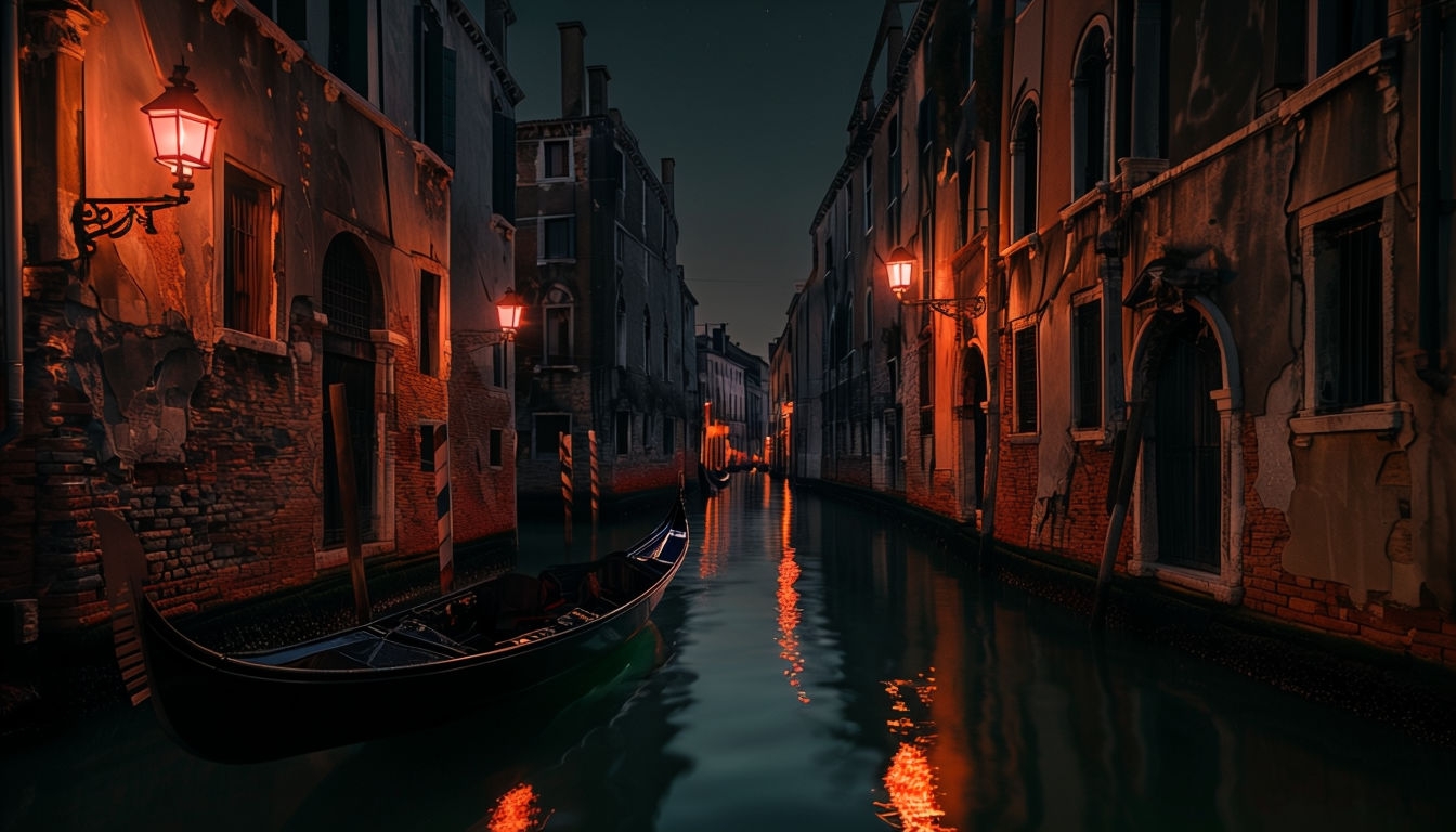 Mysterious Venetian Canal Night View with Reflections Background