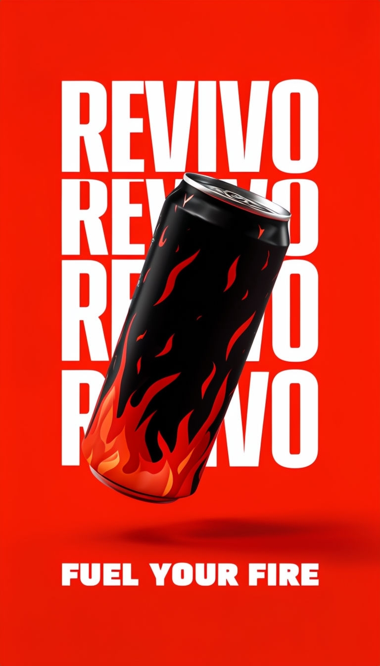 Dynamic REVIVO Energy Drink Advertisement with Flames Graphic Ads