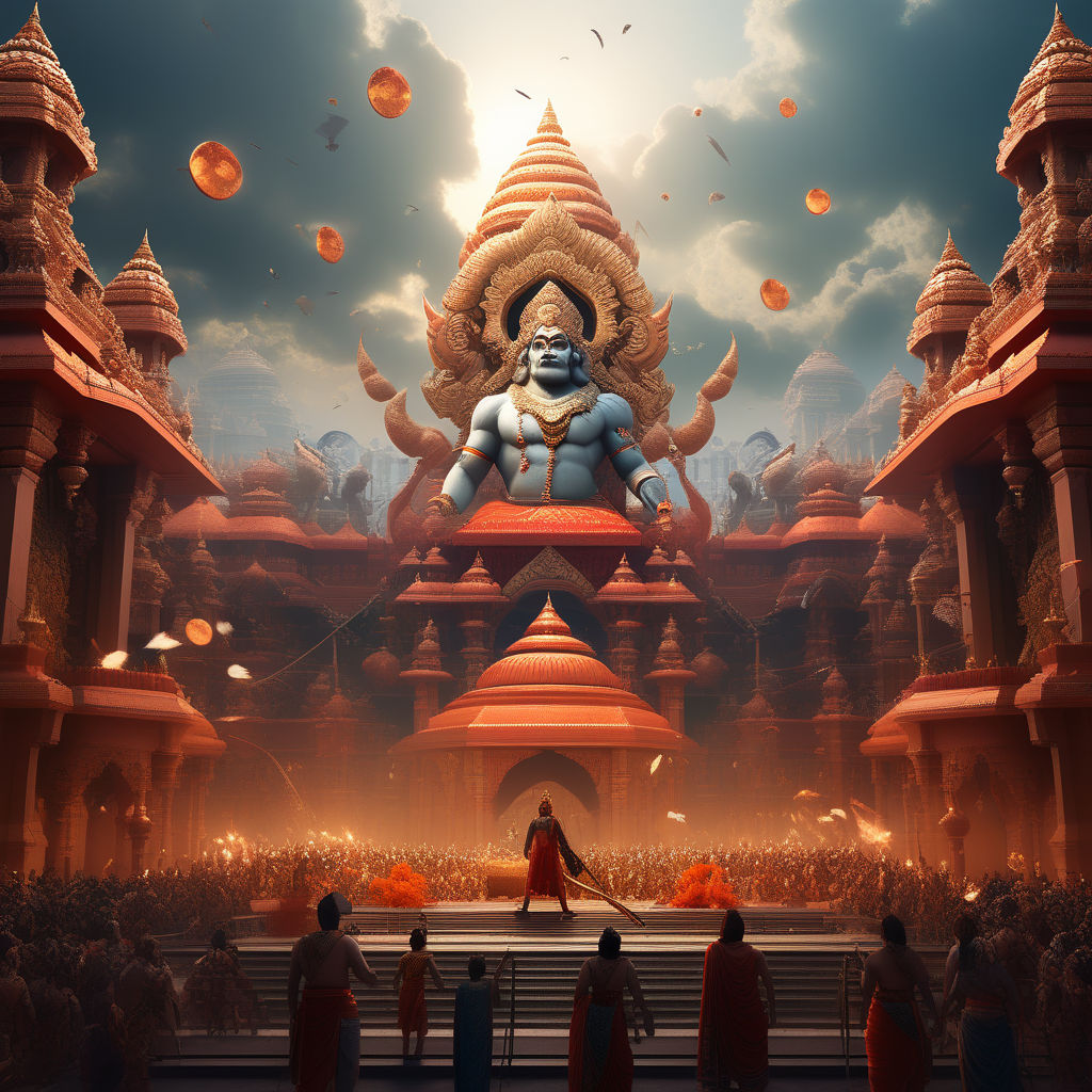 A visual of Ravana's grand court with Hanuman ji standing de... by ...