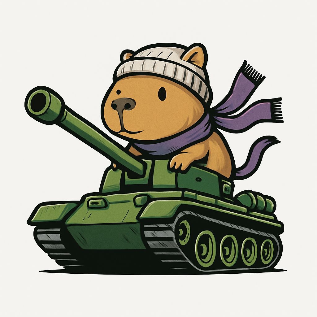 Playful Tan Bear Riding Olive Green Tank Cartoon Sticker