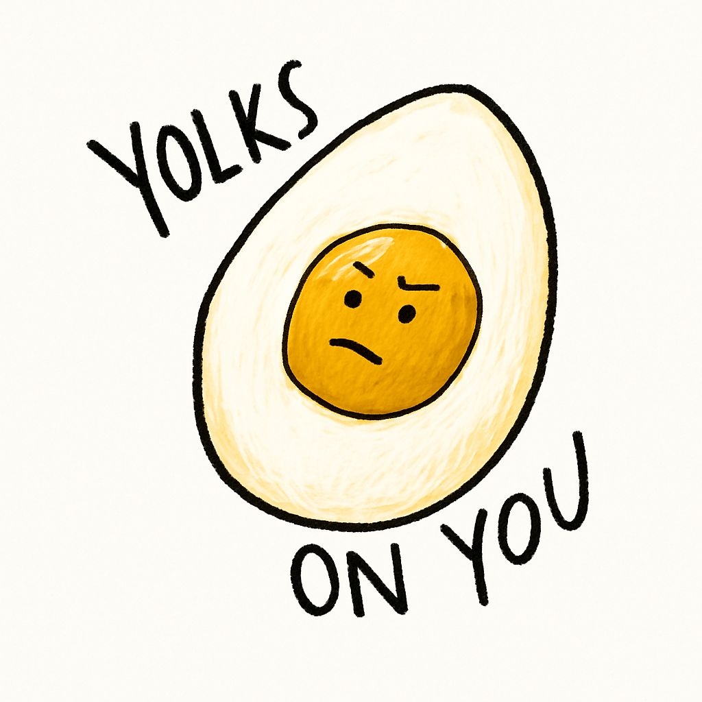 Funny Cartoon Halved Boiled Egg with YOLKS ON YOU Text Sticker