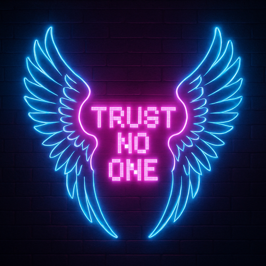 Striking Neon 'Trust No One' Sign with Wings Artwork Social Media Post