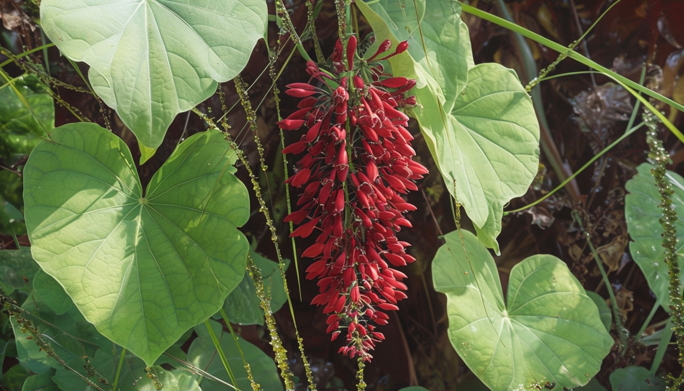 Vibrant Red Flower Cluster Surrounded by Green Leaves Background