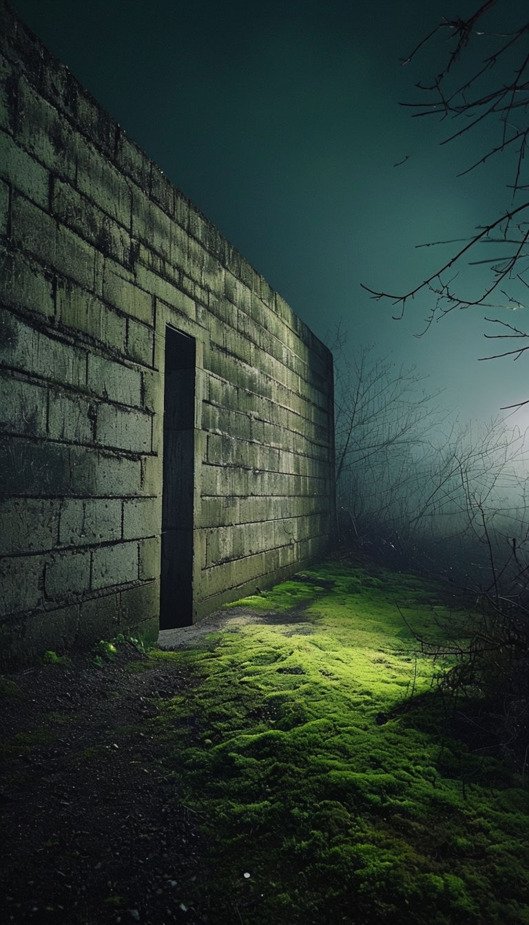 Enigmatic Nighttime Concrete Wall with Mossy Ground Mobile Wallpaper