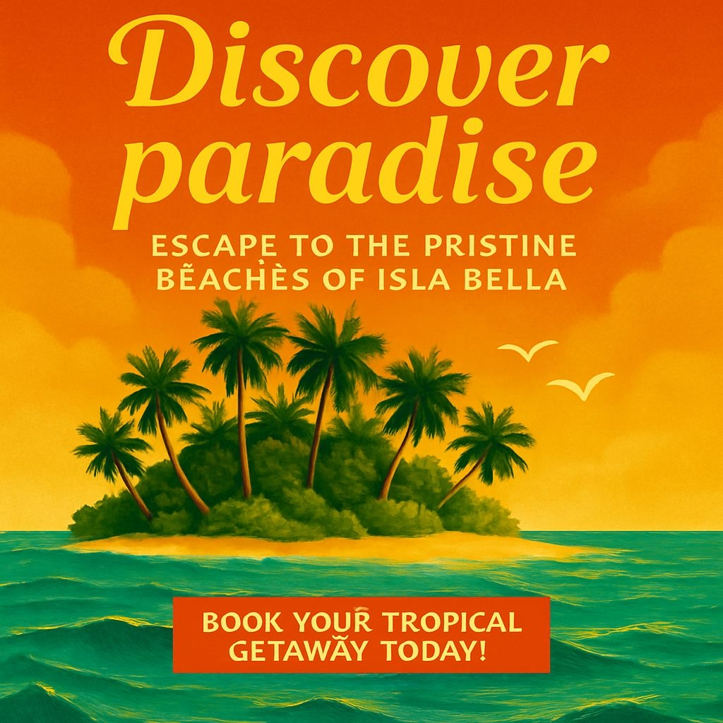 Vibrant Tropical Getaway Island Illustration for Travel Ads