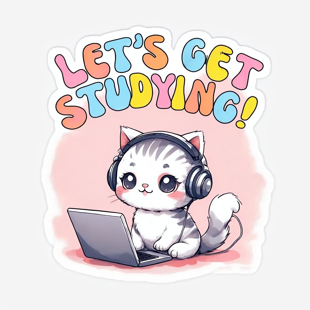 Cute Cat with Headphones Let's Get Studying Sticker