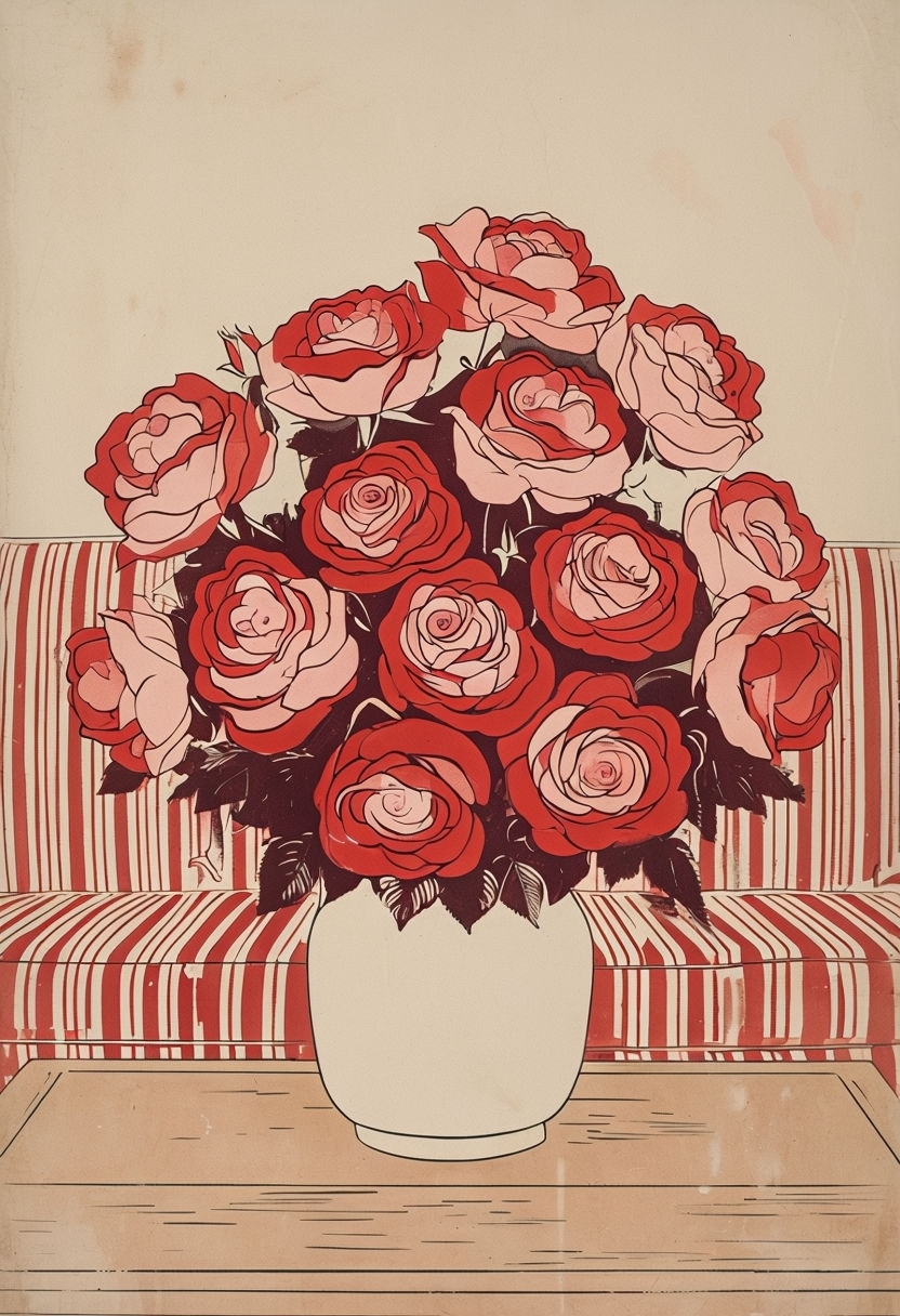 Vintage Minimalist Red Roses Bouquet Illustration Poster