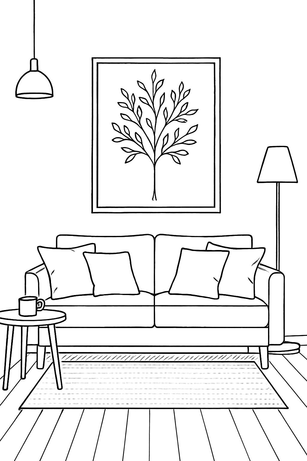 Serene Minimalist Living Room Line Drawing Coloring Page