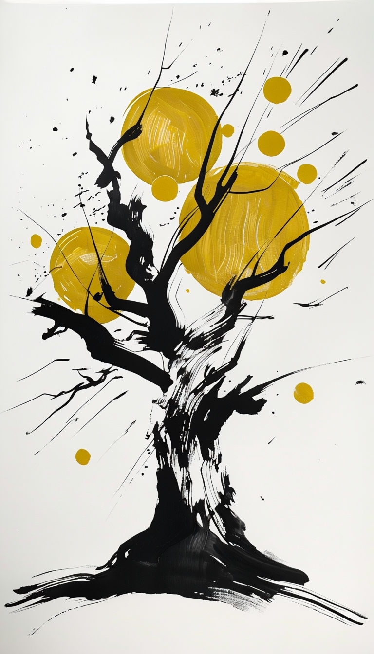 Dynamic Black Ink Tree Illustration with Goldenrod Yellow Accents Art