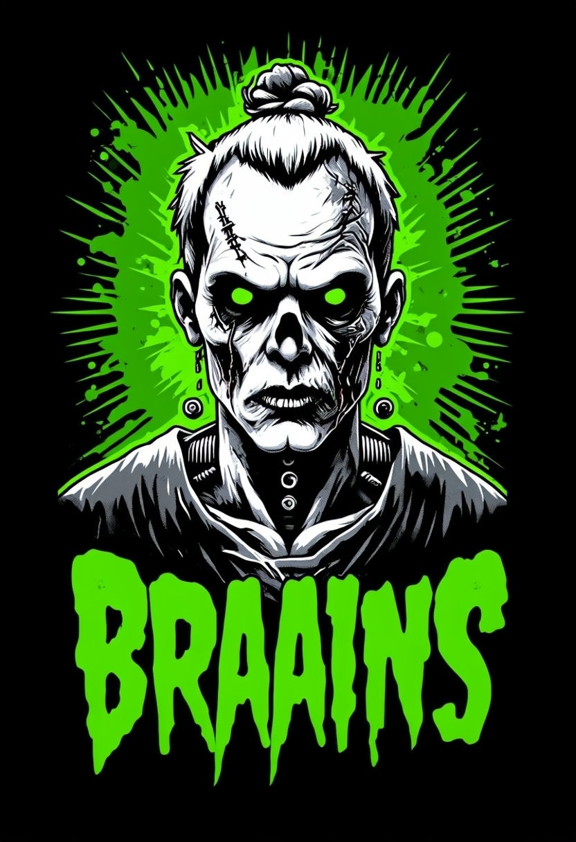 Eerie Zombie Character with Glowing Eyes and BRAAAINS T-shirt