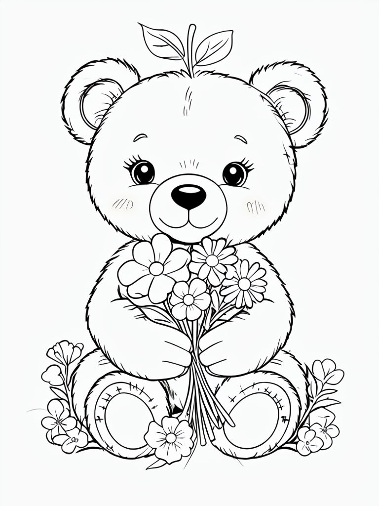 Adorable Teddy Bear Holding Flowers Coloring Page Design