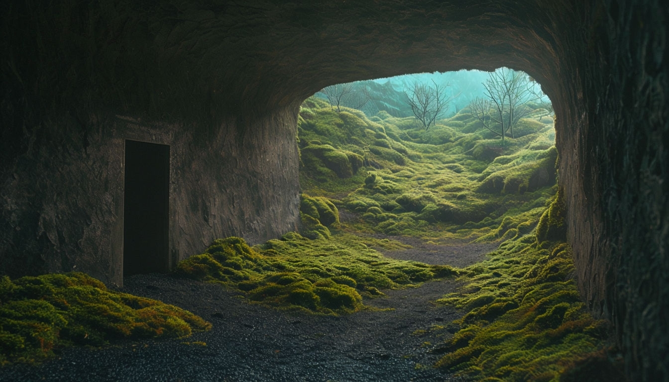 Eerie Night Iceland Tunnel Scene with Mystical Landscape Background