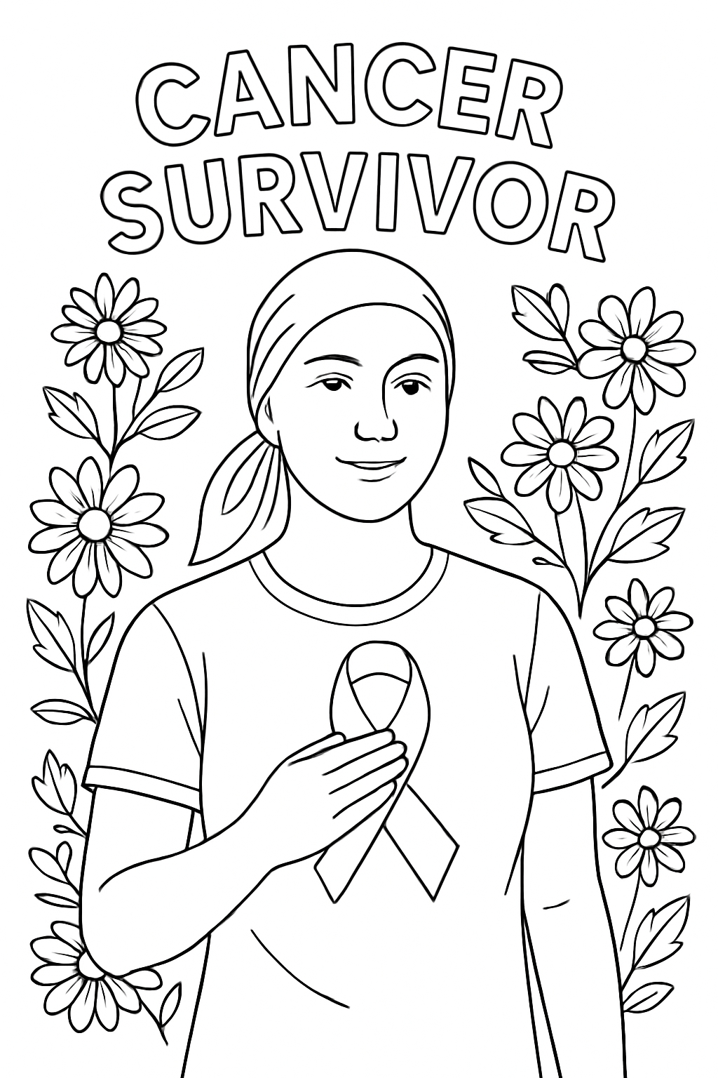 Empowering Cancer Survivor Illustration with Flowers Coloring Book Page