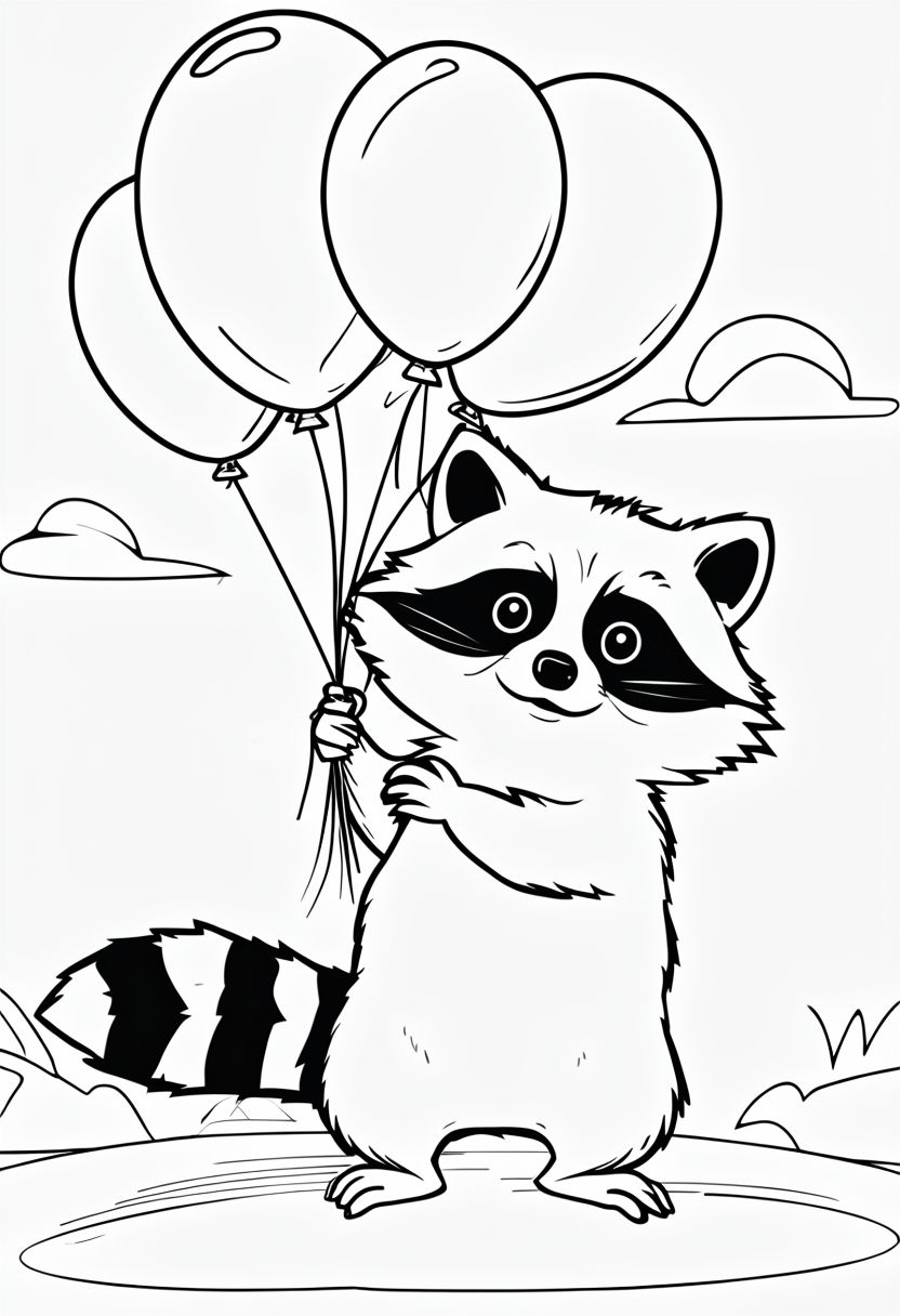 Playful Raccoon with Balloons Line Art for Coloring Book Pages