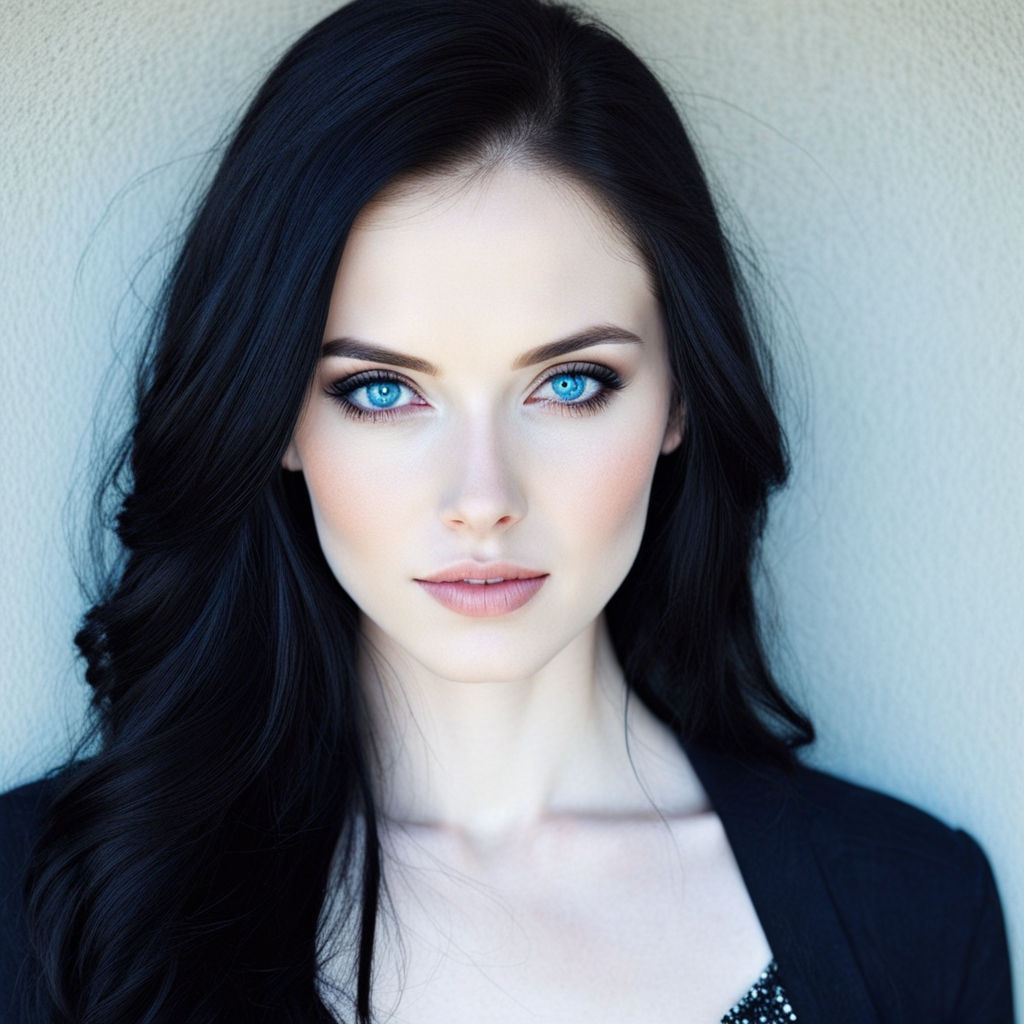 a stunning 22 years-old woman black hair deep blue eyes