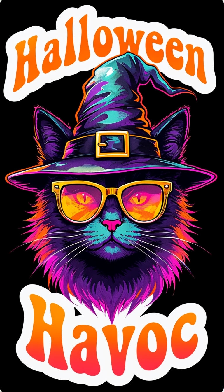 Vibrant Neon Black Cat with Witch Hat Halloween Art