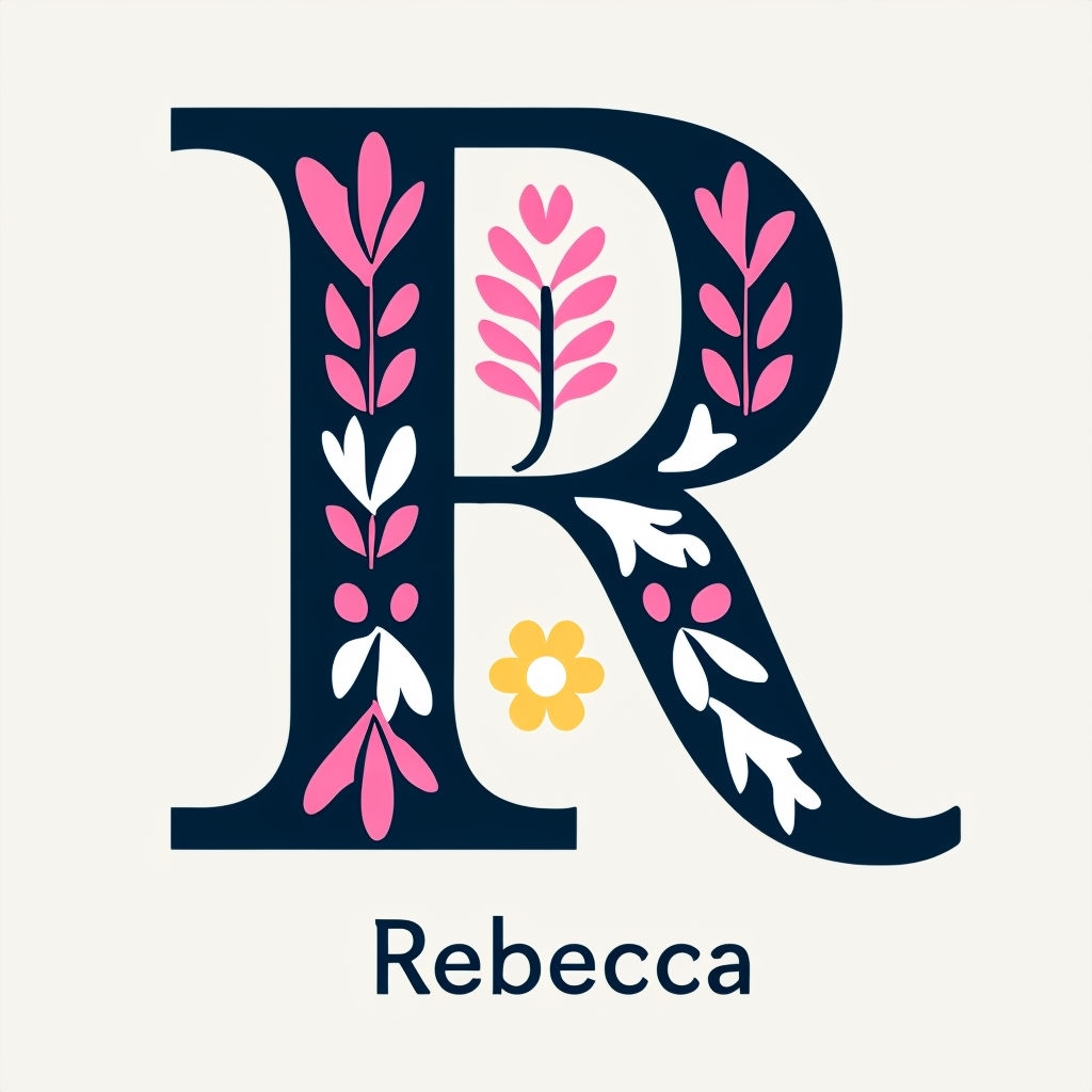 Elegant Floral Monogram Letter R Design with Name Rebecca Monogram