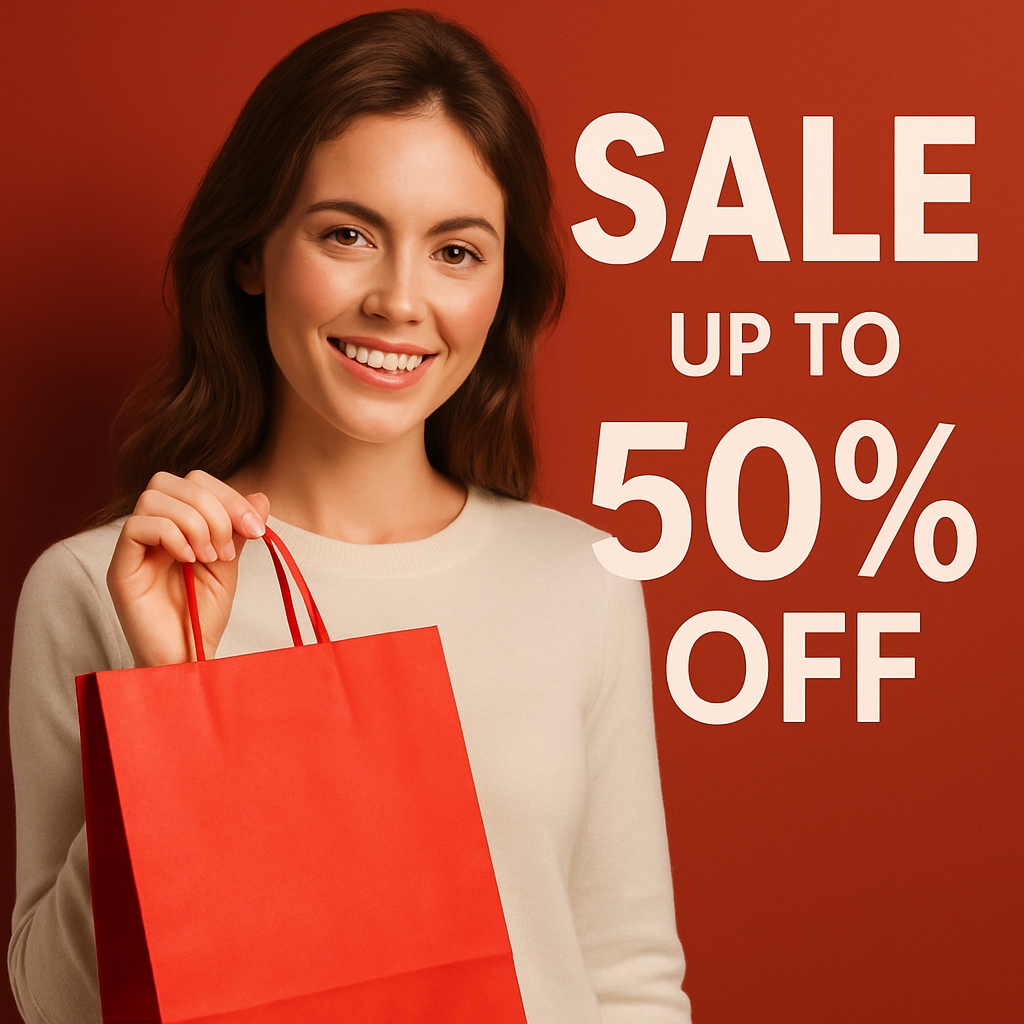 Young Woman Promoting Sale with Shopping Bag Advertisement