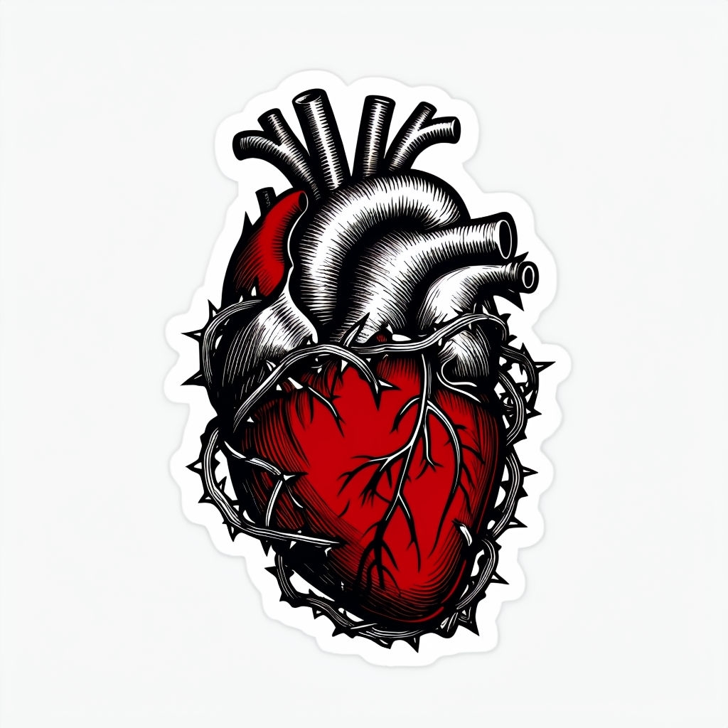 Stylized Heart Intertwined with Thorny Vines Illustration T-Shirt