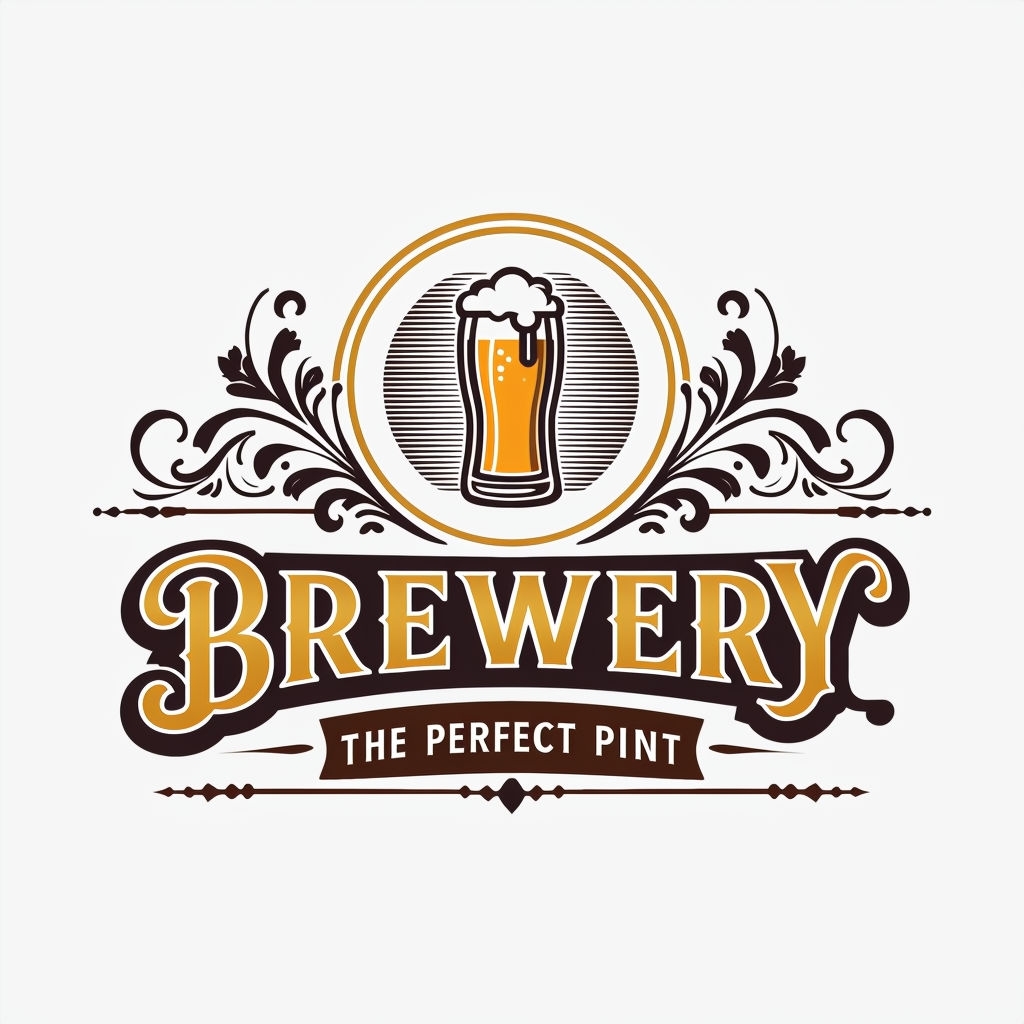 Ornate Brewery Logo with Vintage Beer Glass and Elegant Floral Motifs