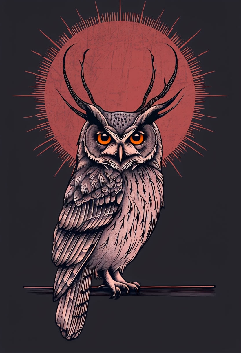 Stylized Owl Illustration with Vibrant Orange Eyes T-Shirt