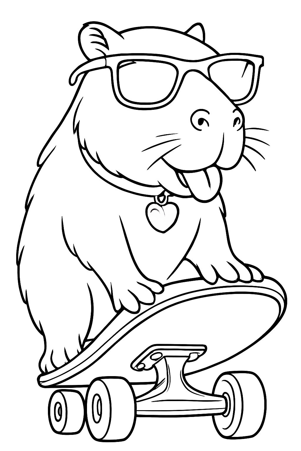 Playful Cartoon Guinea Pig Skateboarding Line Art Coloring Page