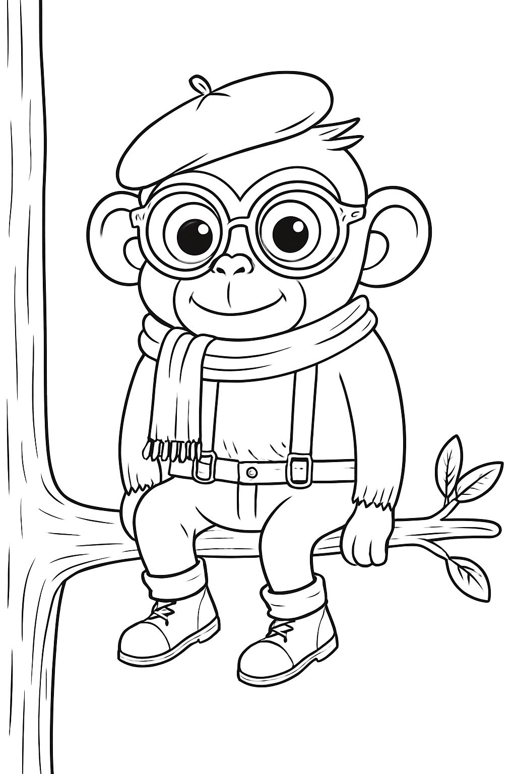 Cheerful Cartoon Monkey on Tree Branch Line Drawing Coloring Book Pages