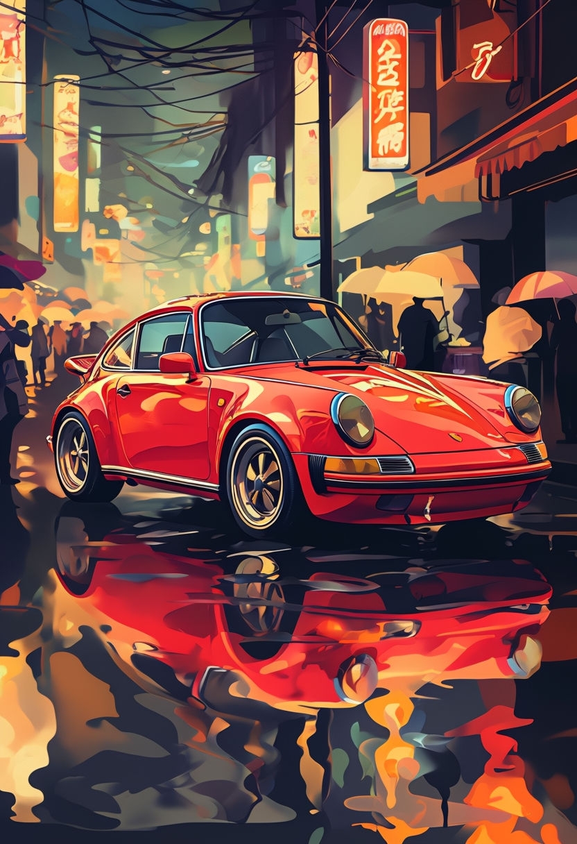 Vibrant Nighttime Street Scene with Red Porsche Mobile Wallpaper