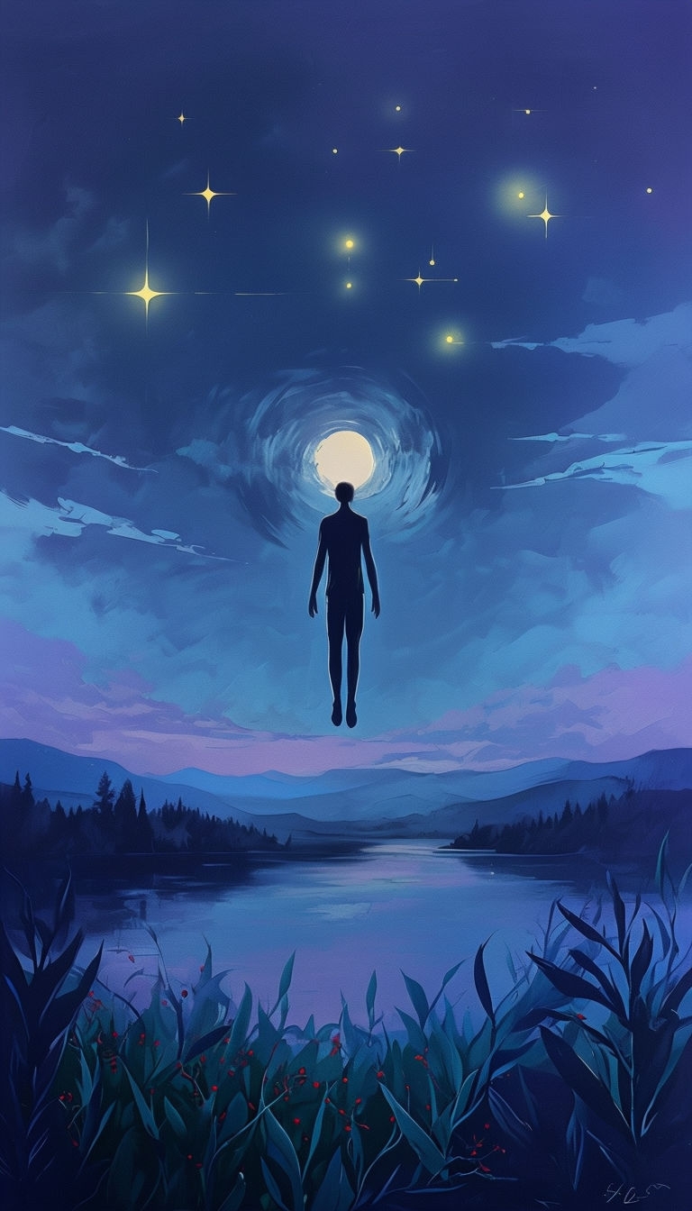Ethereal Nighttime Surreal Landscape with Floating Figure Mobile Wallpaper