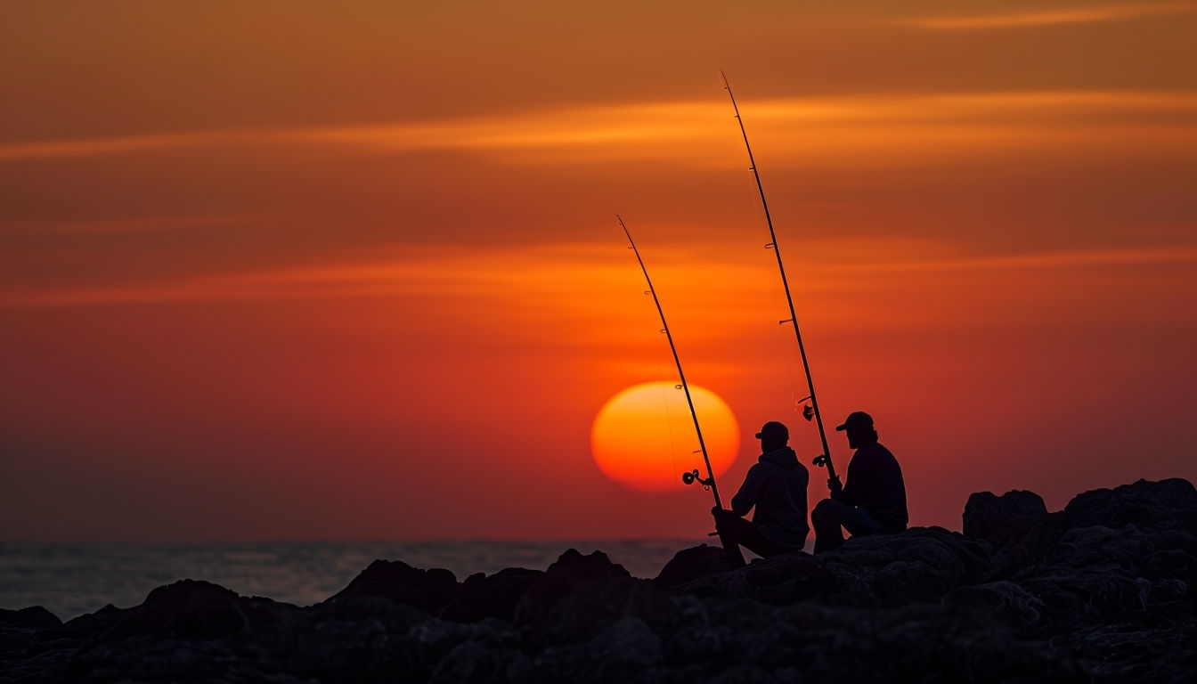 Serene Sunset with Silhouetted Figures on Rocky Terrain Background