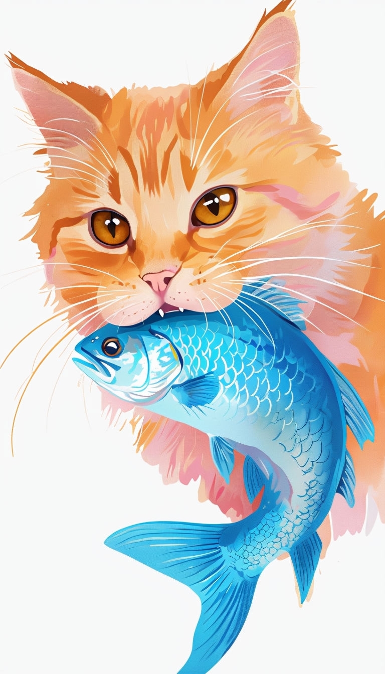 Whimsical Orange Tabby Cat Holding Blue Fish Illustration Phone Case Cover