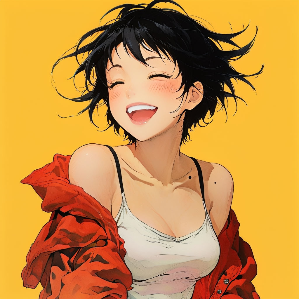 Joyful Anime Character with Black Hair Illustration Art