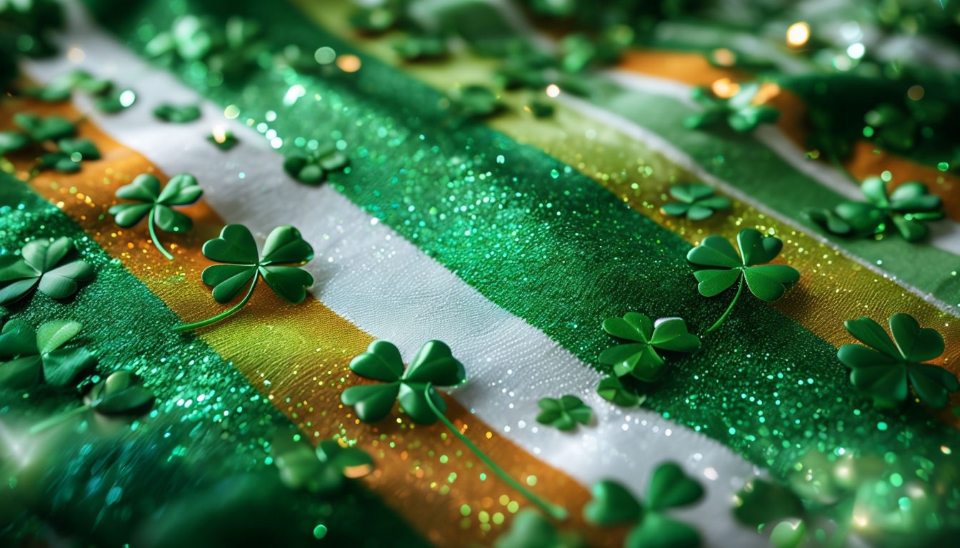 Festive Green and Gold Shamrock Fabric Close-Up Virtual Backgrounds