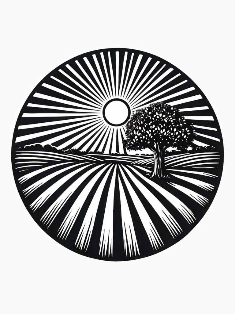 Serene Black and White Woodcut Rural Landscape Sticker