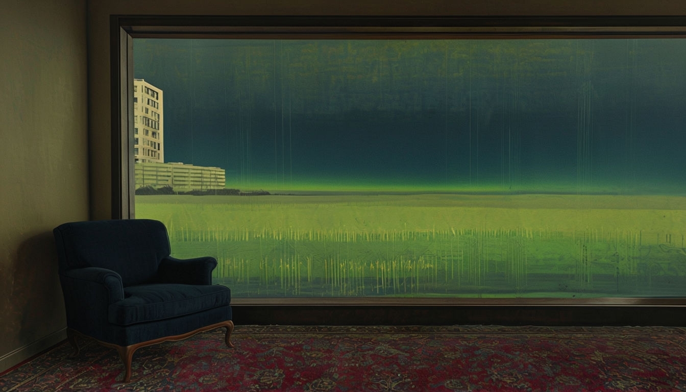 Cozy Interior with Navy Blue Armchair and Abstract Landscape Virtual Backgrounds