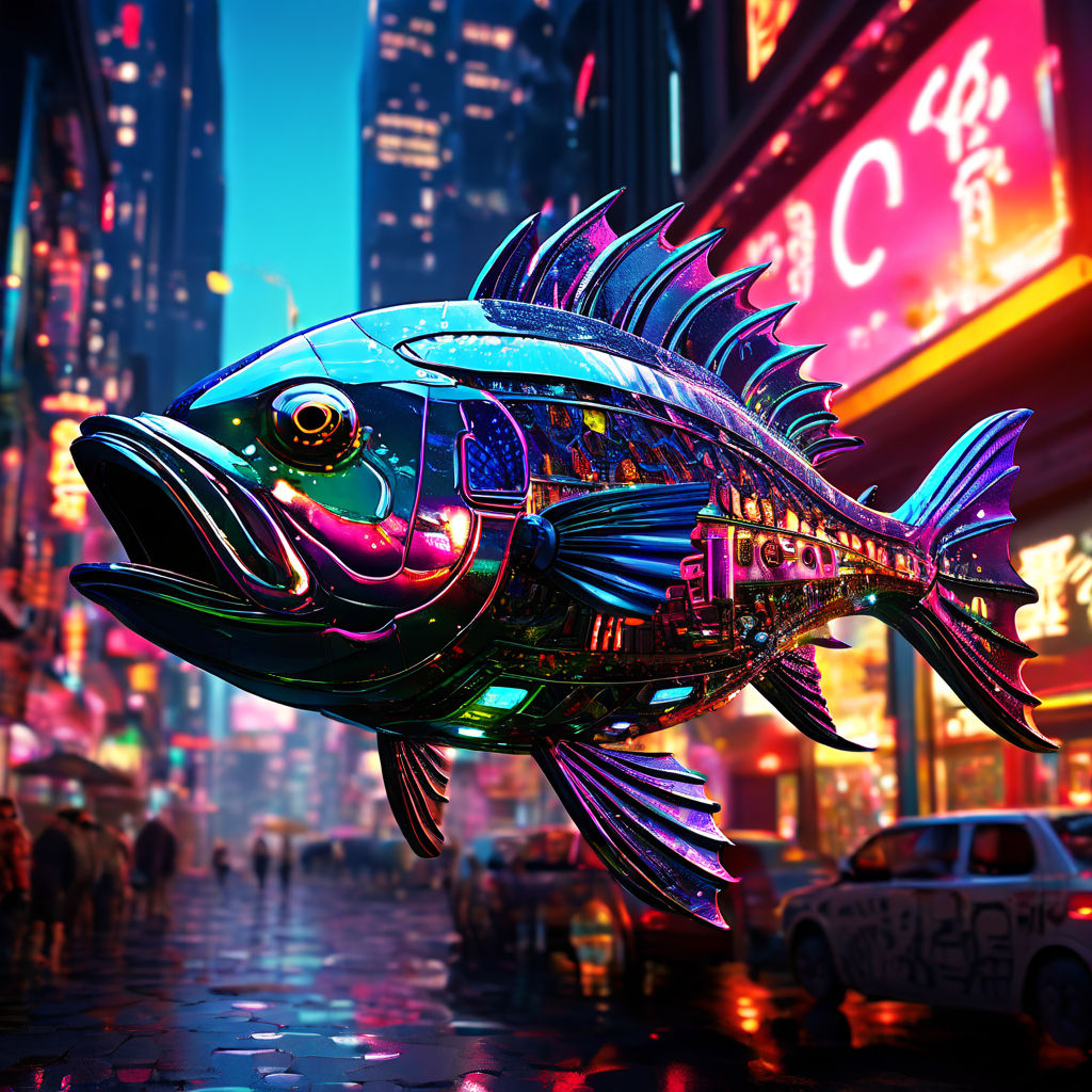 Cyberpunk-inspired artwork with a fish by Alex - Playground