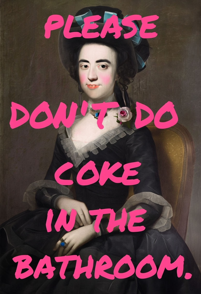 Humorous Modern Text Over Classical Portrait Artwork Poster