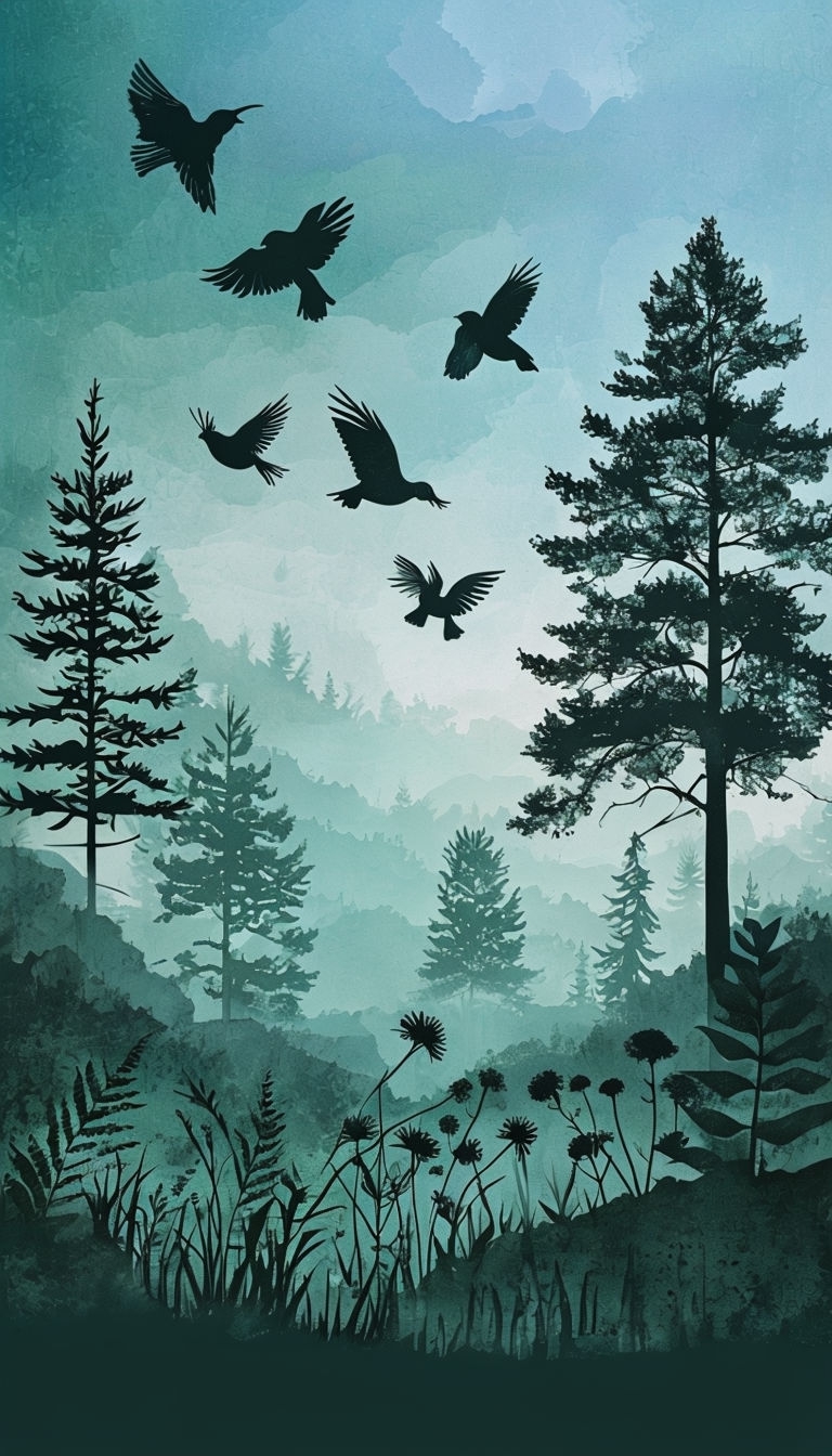 Tranquil Nature Landscape with Silhouetted Trees and Birds Mobile Wallpaper