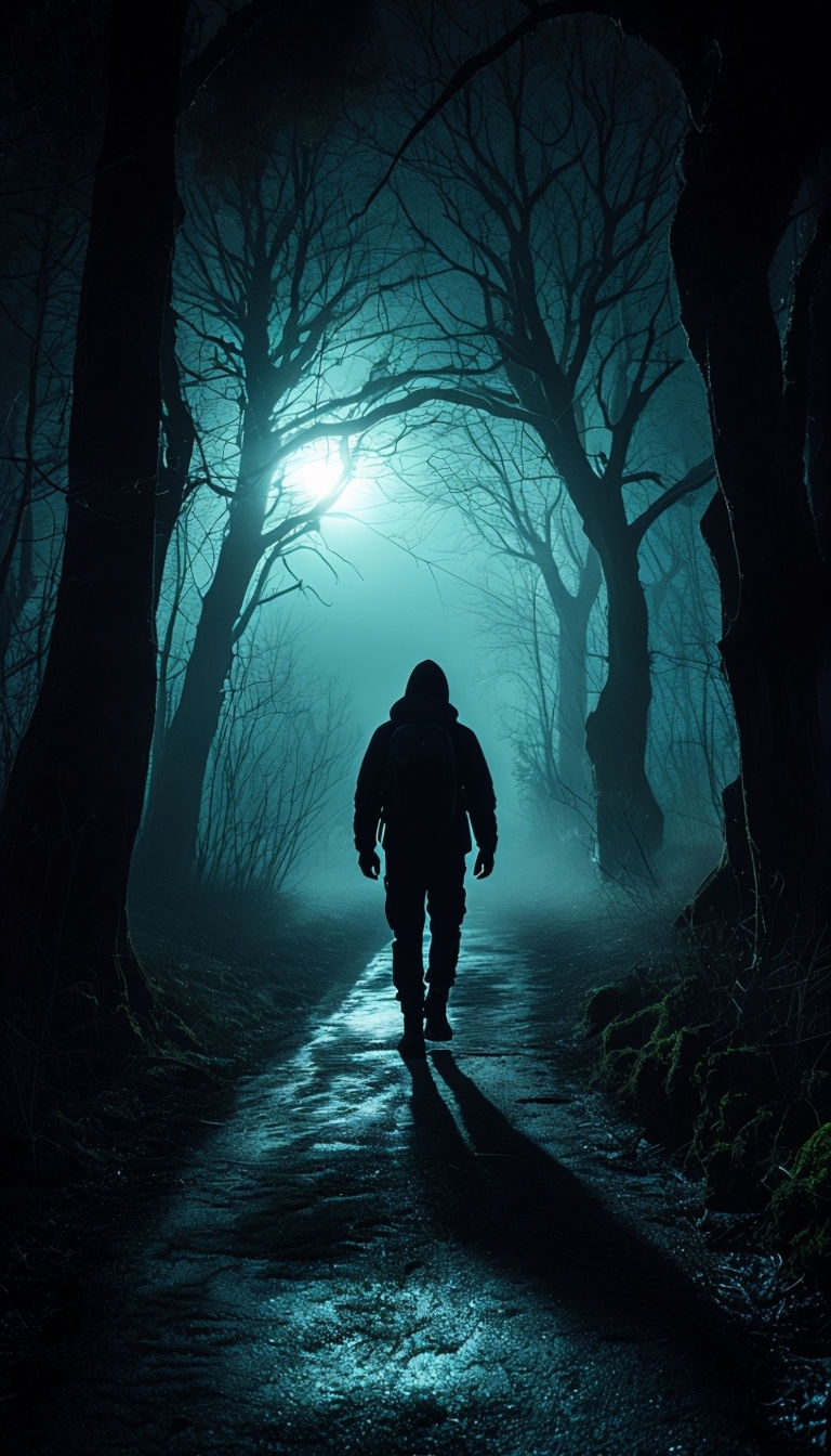 Eerie Nighttime Forest Pathway with Silhouetted Figure Mobile Wallpaper