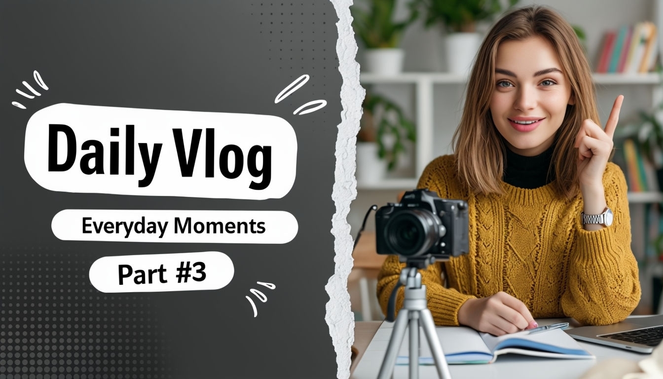 Engaging Daily Vlog Thumbnail with Young Woman and Camera Social Media Post
