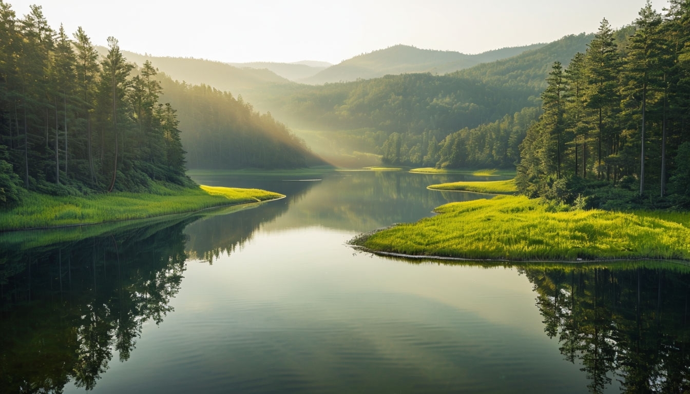 Tranquil Lake Surrounded by Pine Forests Nature Scene Background