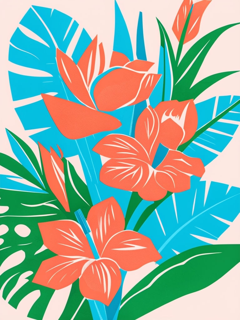 Vibrant Tropical Flower Linocut Design T-Shirt