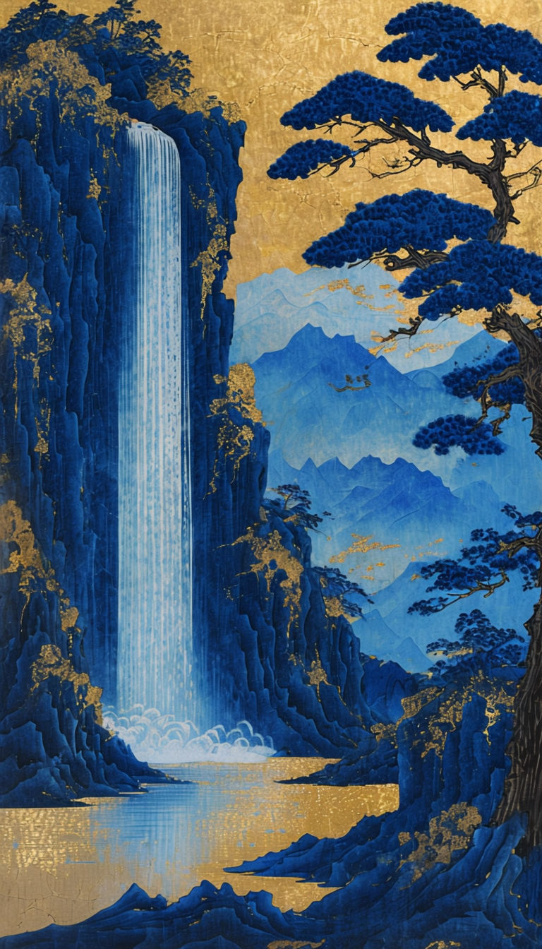 Serene Japanese Landscape Waterfall Painting Art