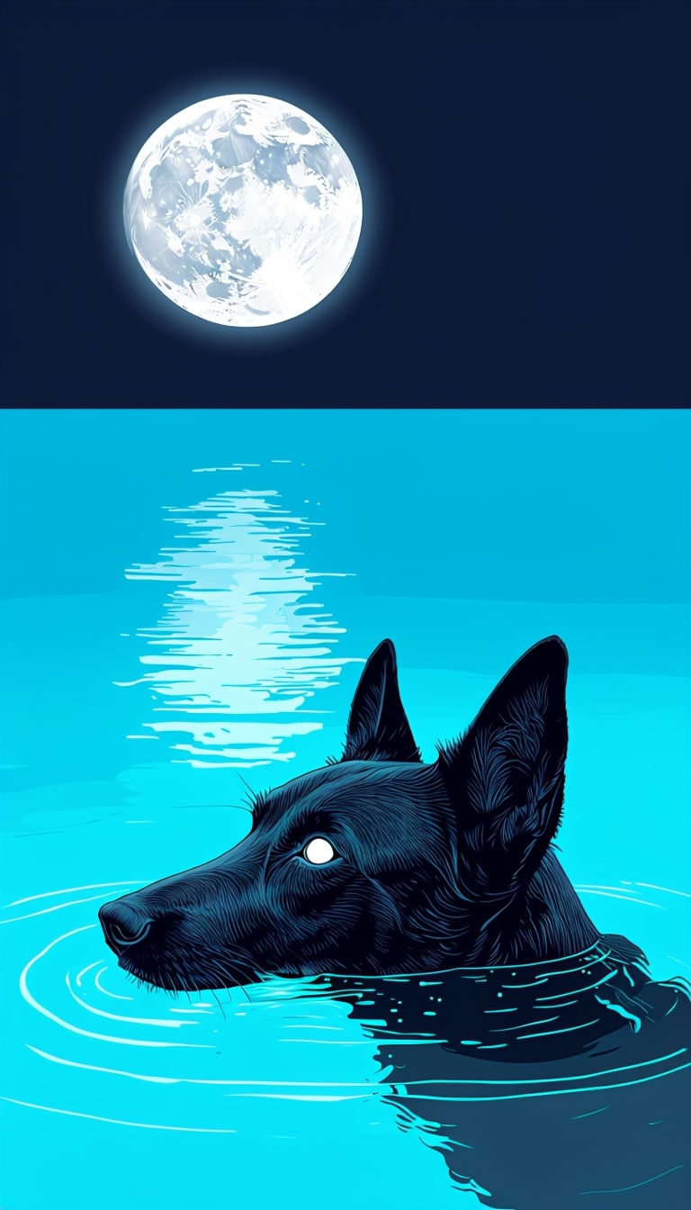 Mystical Black Dog Nighttime Scene with Glowing Water Mobile Wallpaper